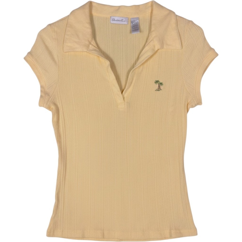 Charlotte Russe Yellow Ribbed Knit Polo Shirt Palm Tree Embroidered Vintage Y2K